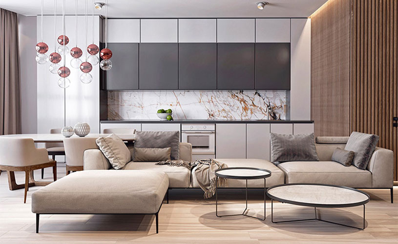 آشپزخانه جزیره ای و میز نهار خوری